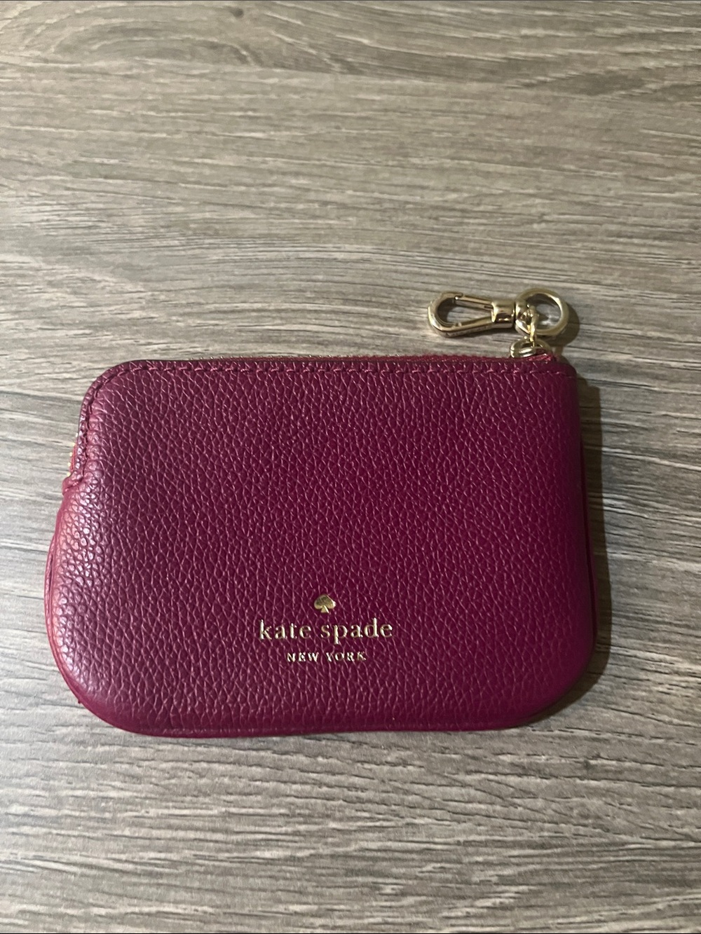 kate spade Plum Pebbled Leather Zip Card & Key Pouch with Gold Hardware